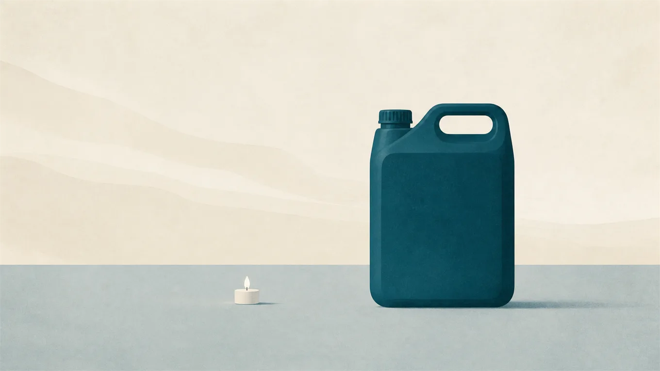Une toute petite bougie à côté d'un grand bidon de carburant