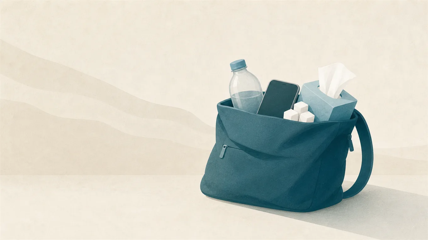 Un sac ouvert avec bouteille d'eau, téléphone, sucre et mouchoirs