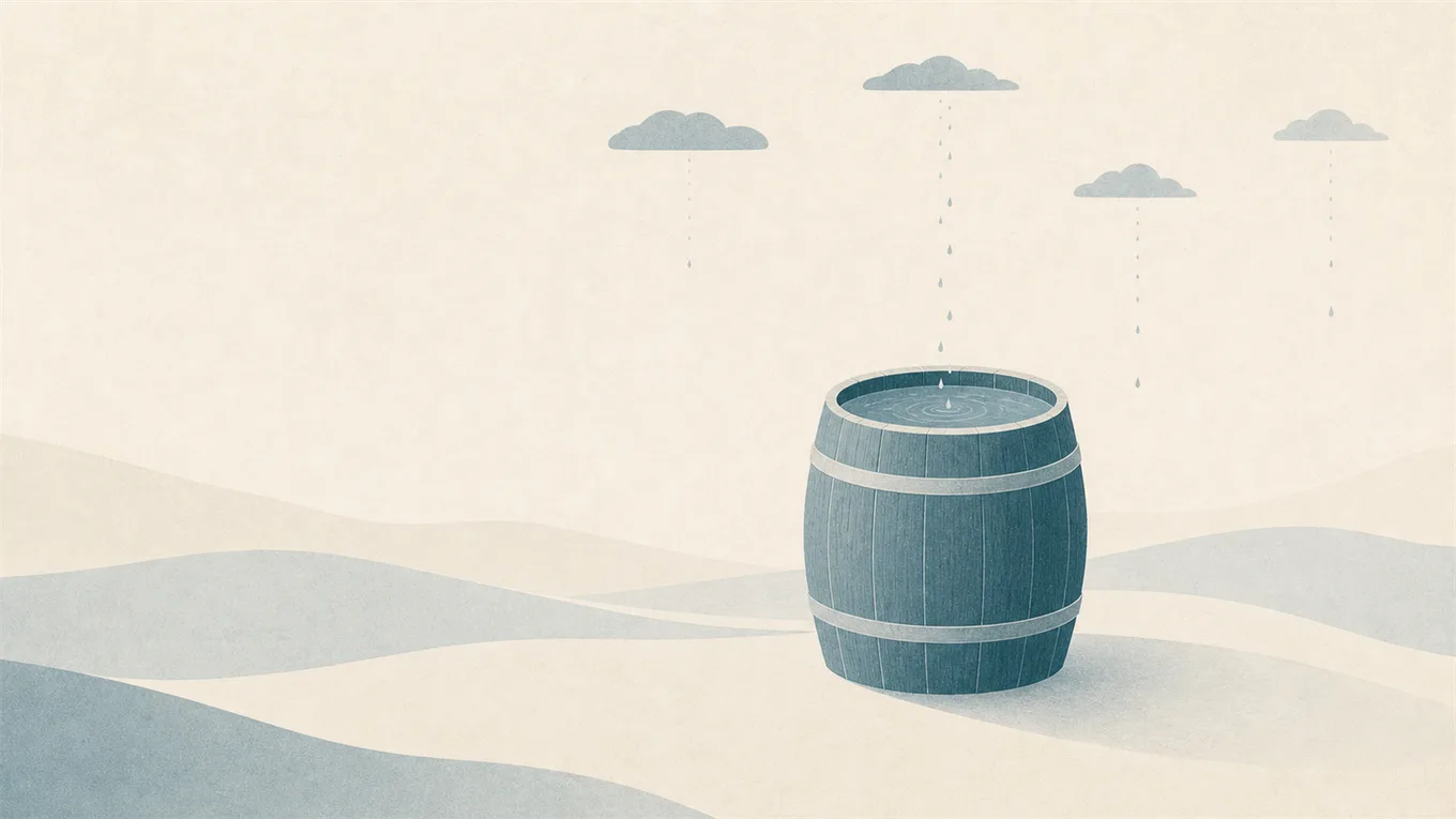 Un tonneau qui se remplit goutte à goutte sous de petits nuages