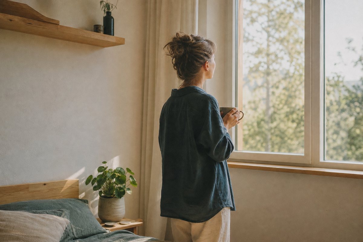 Une personne apaisée, une tasse à la main, regarde par la fenêtre dans la lumière du matin