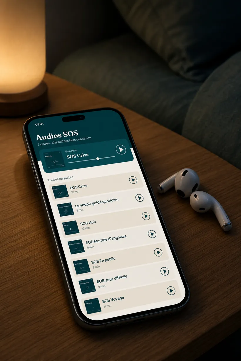 Un téléphone posé sur une table de nuit affichant les 7 audios SOS, des écouteurs à côté