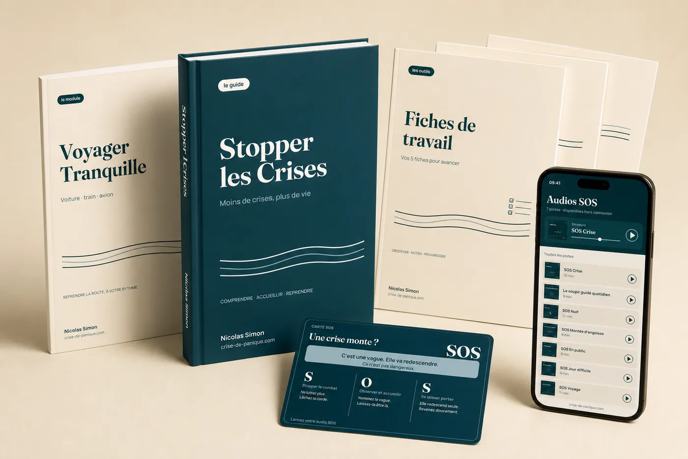 La méthode Stopper les Crises au complet : le guide, le module Voyager Tranquille, les fiches de travail, la carte SOS et les 7 audios sur téléphone