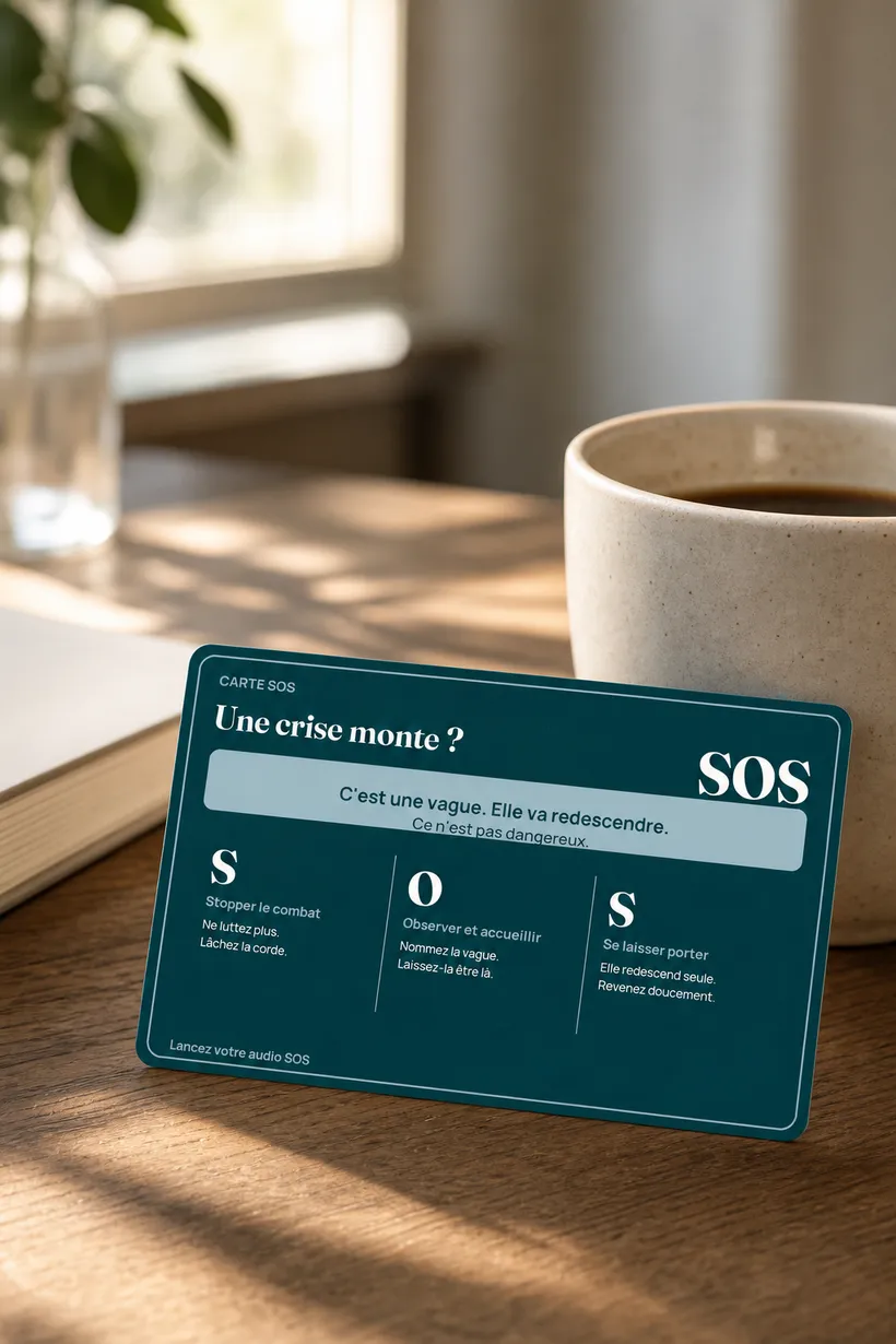 La carte SOS posée sur une table, à côté d'une tasse de café