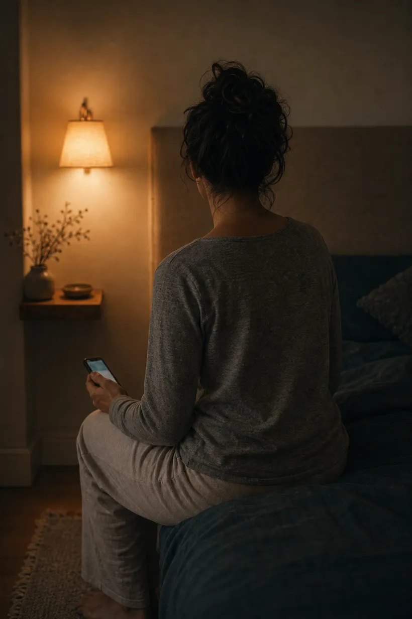 Une personne assise au bord de son lit, la nuit, téléphone à la main