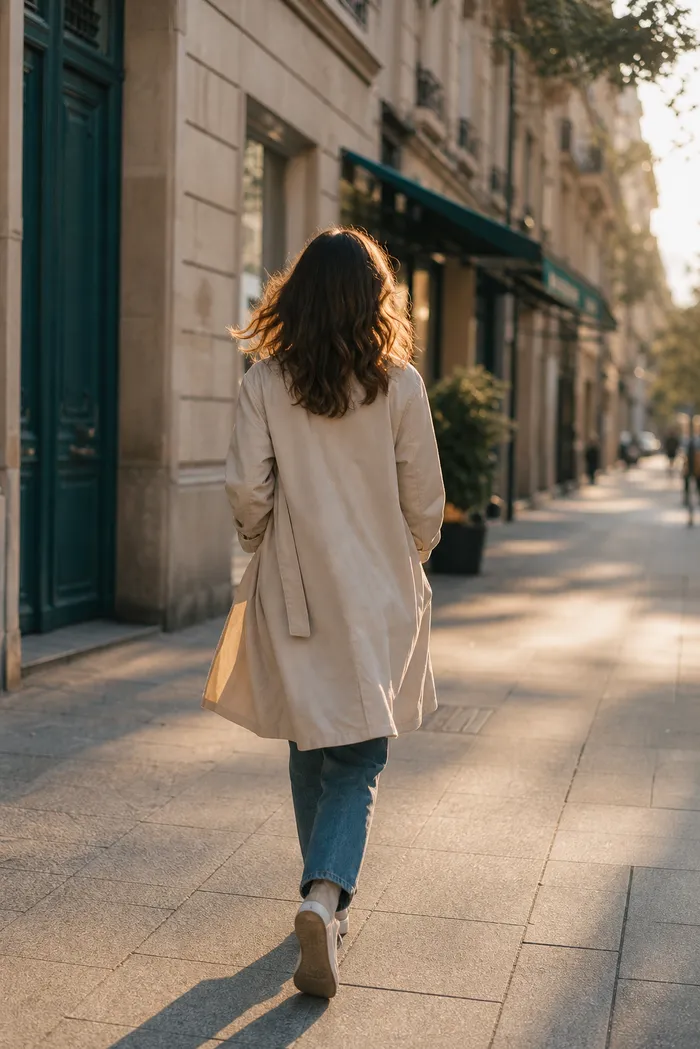 Une femme marchant librement dans la rue en fin de journée