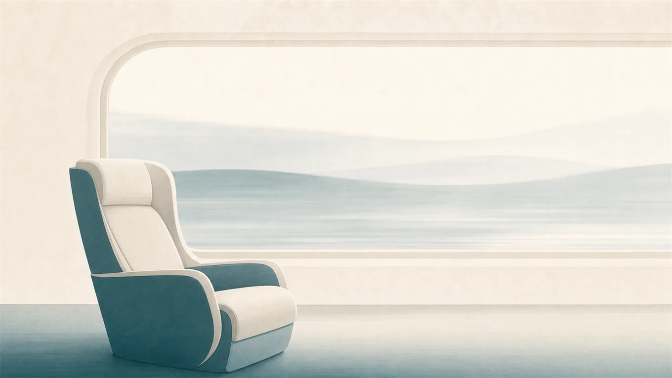 Un fauteuil de voyage face à un paysage qui défile
