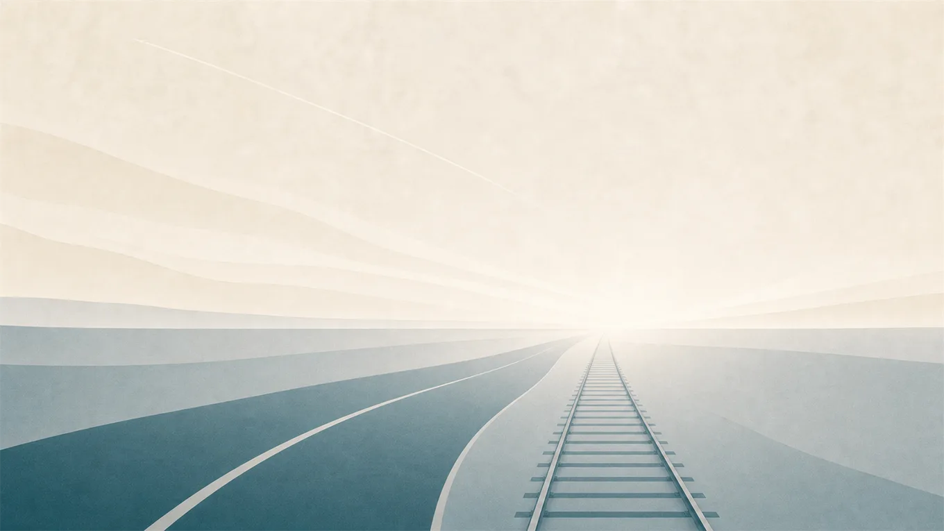 Route, rail et traînée d’avion convergeant vers le lever du soleil